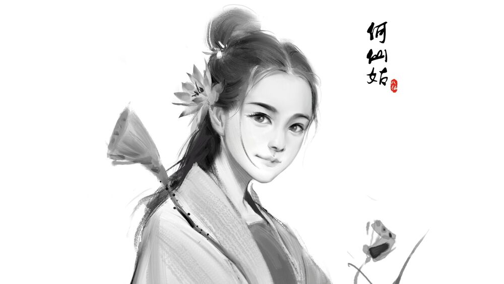 Обои для рабочего стола Черно-белый портрет фэнтезийной девушки, by Yawei Cao