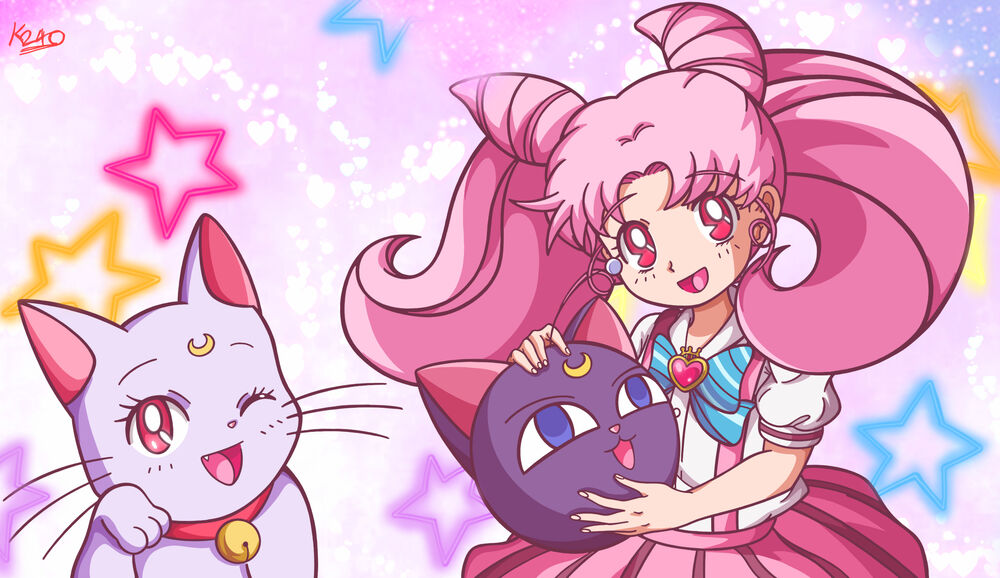 Обои для рабочего стола Chibiusa / Чибиуса с Luna P / Луна Пи в руках и Diana / Диана из аниме Красавица-воин Сейлор Мун / Bishoujo Senshi Sailor Moon