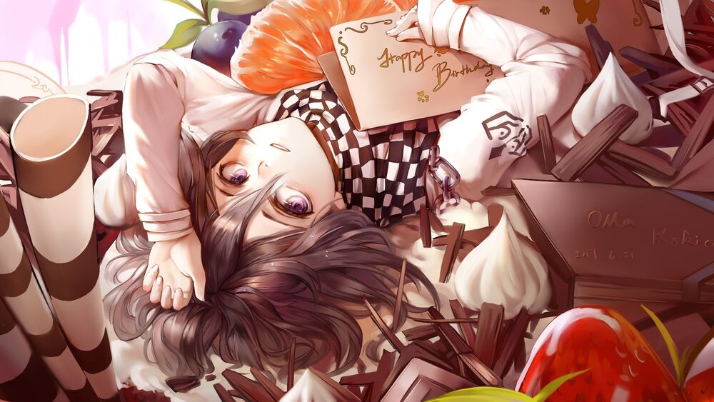 Обои для рабочего стола Kokichi Ouma / Кокити Ома из манги New Danganronpa V3: Minna no Koroshiai Shingakki Comic Anthology / Данганронпа: Новый убийственный семестр (Happy Birthday / С днем рождения)