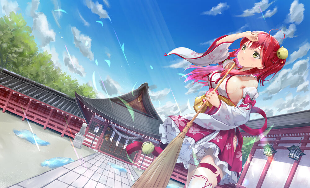 Обои для рабочего стола Sakura Miko с метлой в руке во дворе храма, виртуальный ютубер Hololive