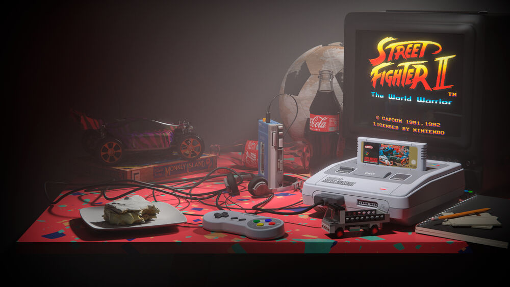 Обои для рабочего стола Стол с любимыми предметами из 90х приставка Super Nintendo с запущенной игрой Street Fighter II плейером Sony накладными наушниками, радиоуправляемой машинкой и футбольным мячом рядом с бутылкой Coca-cola