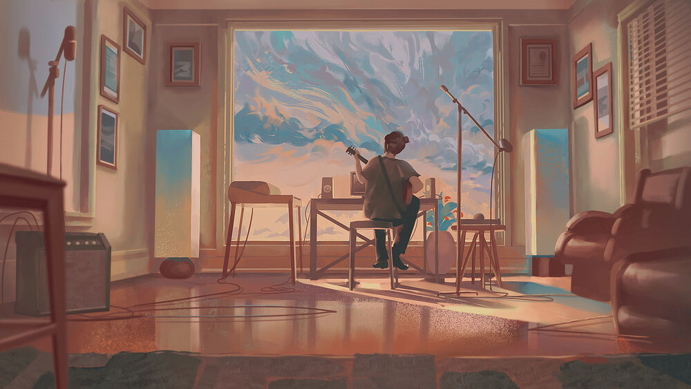 Обои для рабочего стола Парень играет на гитаре, сидя на против окна с видом на небо