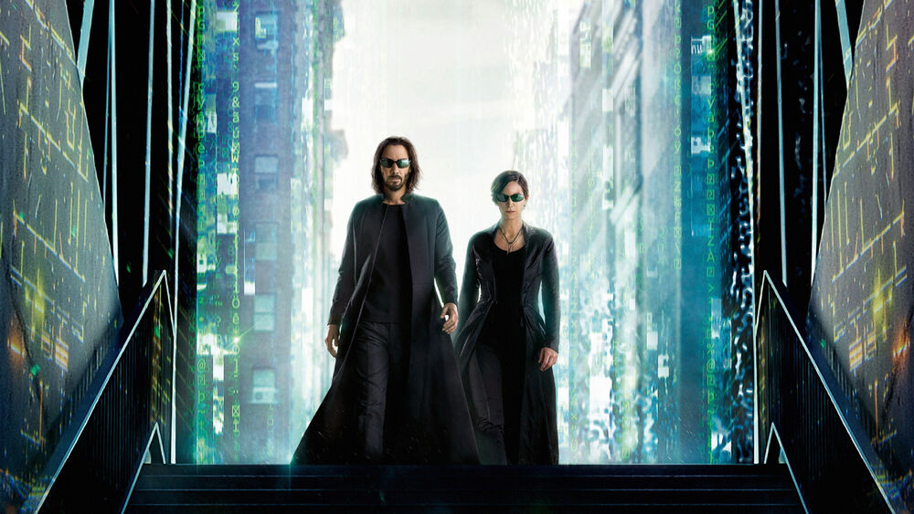 Обои для рабочего стола Keanu Reeves / Киану Ривз в роли Neo / Нео, Carrie-Anne Moss в роли Trinity / Тринити из фильма Matrix Resurrections / Матрица:Воскрешение