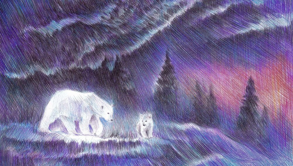 Обои для рабочего стола Белые медведи в снежную ночь стоят на фоне северного сияния