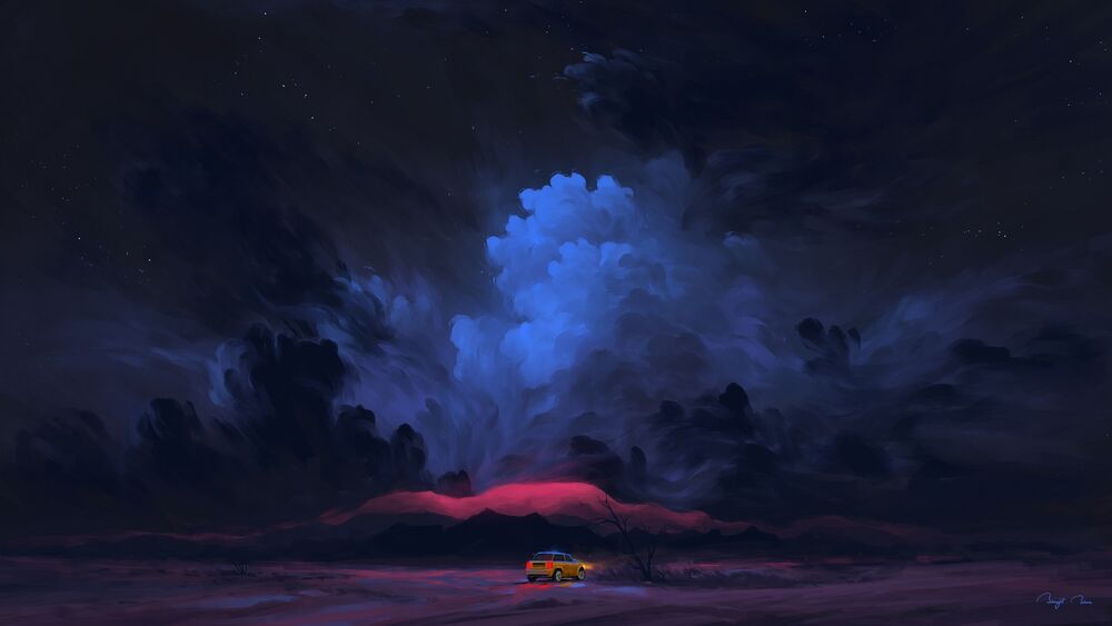 Обои для рабочего стола Автомобиль стоит на развилке дорог на фоне ночного облачного неба (Magic Mountain / Волшебные Горы)