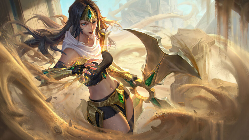 Обои для рабочего стола Королева сражений Сивир из игры League of Legends сражается в пустыне