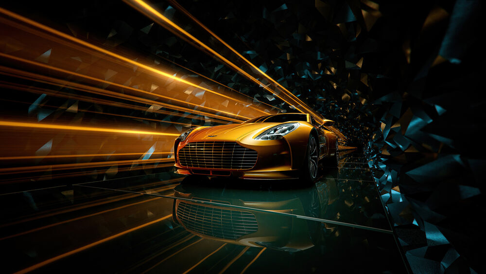 Обои для рабочего стола Золотой Астон Мартин / Aston Martin в оранжевых линиях на зеркальном полу