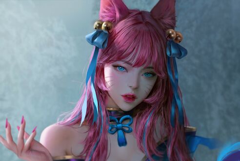 Обои на рабочий стол Ahri в голубом с голубыми лентами в волосах из игры League of Legends