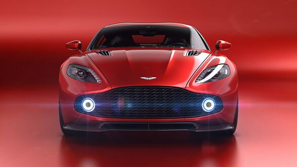 Обои на рабочий стол Красный купе Aston Martin Vanquish Zagato на красном фоне