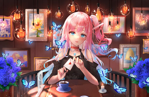 Обои на рабочий стол Девушка Yumesaki Mia, персонаж из аниме Virtual Youtuber / Виртуальный Ютубер сидит за столом с конвертом в руке