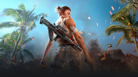 Обои на рабочий стол Девушка в белой майке на фоне искр и пальм из игры Garena Free Fire / Горена Свободный Огонь