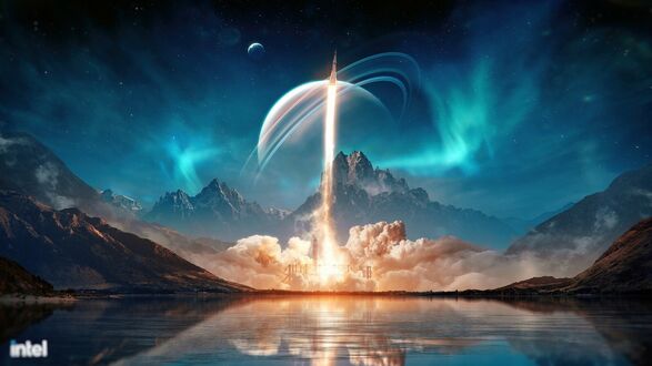 Обои на рабочий стол Взлетающая ракета у гор и озера