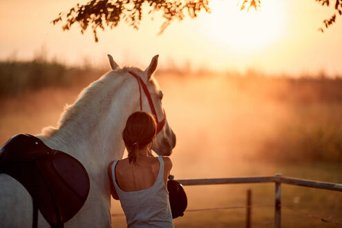 Обои Девушка стоит рядом с лошадью