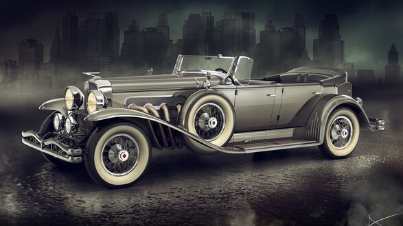 Обои на рабочий стол Ретро автомобиль 1929 г, Duesenberg Model J, Phaeton с двойным обтекателем на фоне американского города