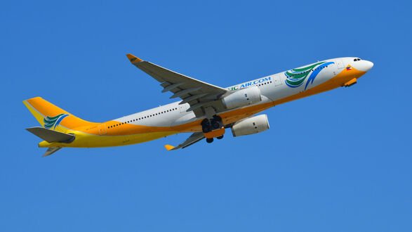 Обои на рабочий стол Желтый взлетел Airbus a330 на фоне голубого неба
