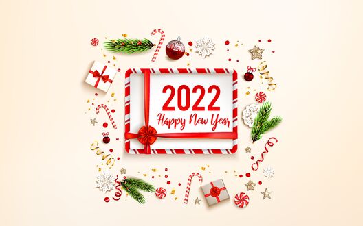 Обои на рабочий стол Надпись - Счастливого нового года 2022 среди новогодних атрибутов: украшений и подарков с еловыми ветками