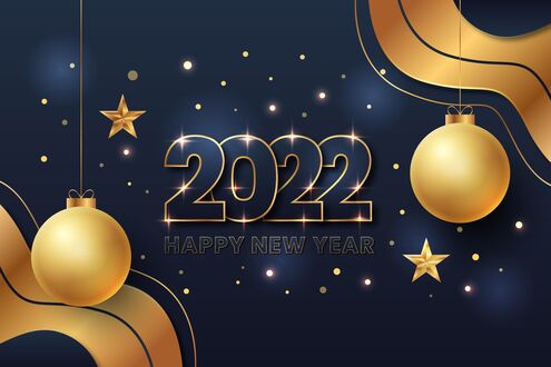 Обои на рабочий стол Надпись 2022 Happy new Year на темном фоне с золотыми шарами