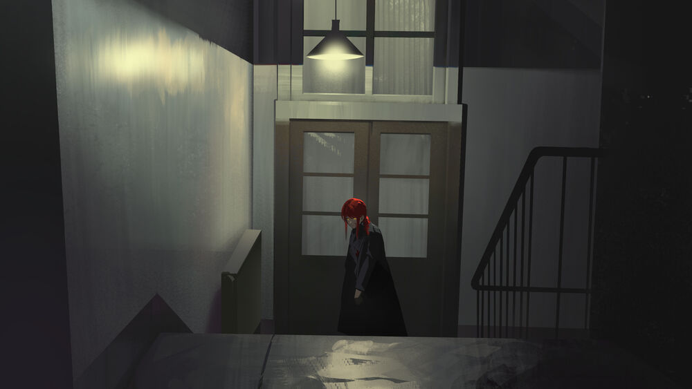 Обои для рабочего стола Девушка с яркими волосами в плаще стоит у двери перед лестницей, аниме Chainsaw Man / Человек — бензопила