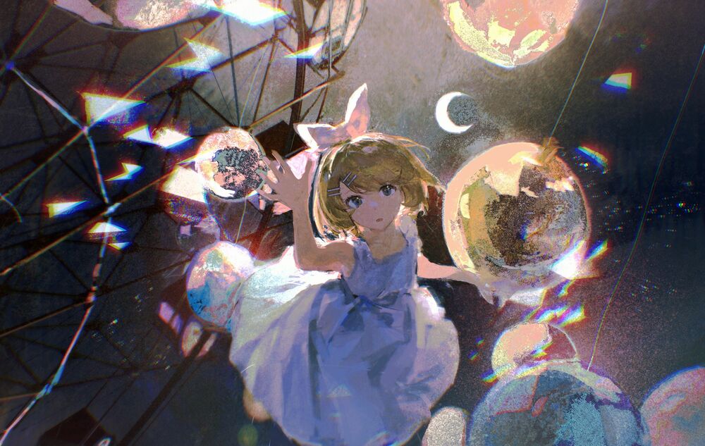 Обои для рабочего стола Vocaloid Кагамине Рин / Вокалоид Kagamine Rin тянется за шариком