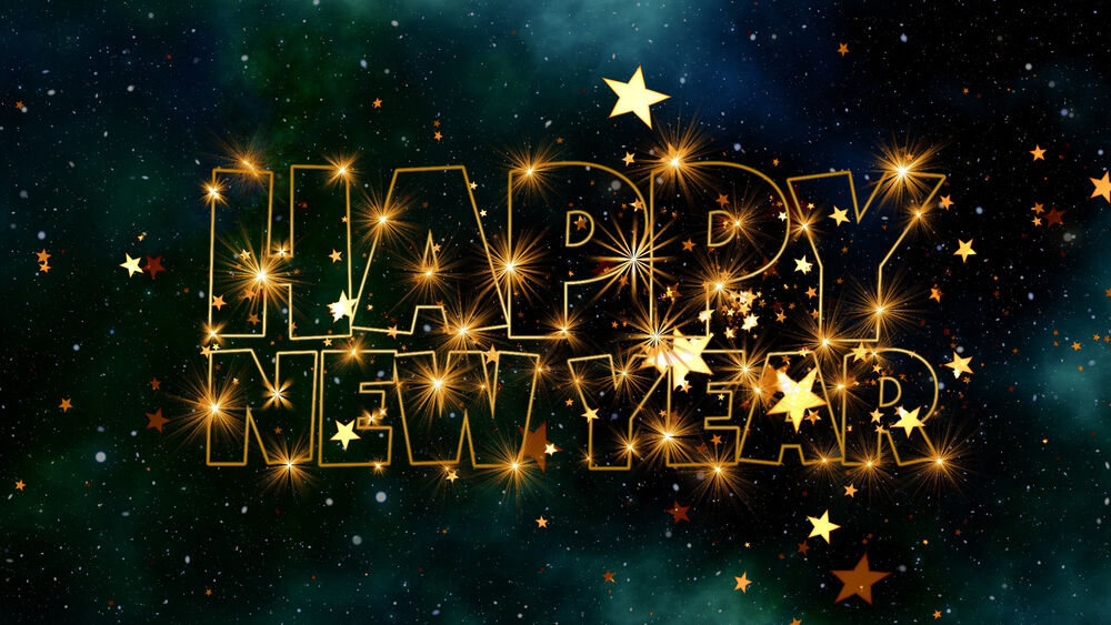 Обои для рабочего стола Надпись Happy New Year / счастливого нового года в позолоте со звездами