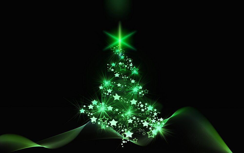 Обои на рабочий стол Ярко-зеленая новогодняя елка с горящими звездами,  черный фон, обои для рабочего стола, скачать обои, обои бесплатно