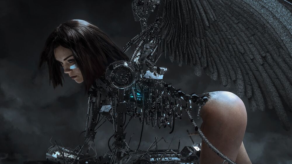 Обои для рабочего стола Alita / Алита из фильма Alita: Battle Angel / Алита: Боевой ангел стоит на четвереньках лишившись кожи а теле с крыльями