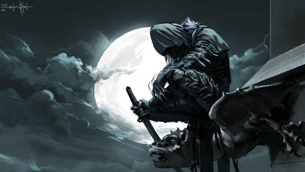 Обои для рабочего стола Самурай убивает демона на фоне луны, фан арт видеоигры Gargoyles