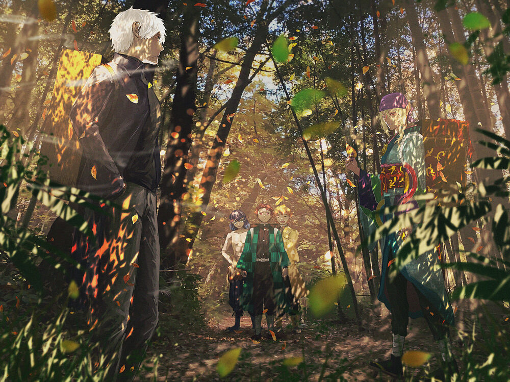 Обои для рабочего стола Гинко / Ginko из аниме Мастер муси / Mushishi, Иносукэ Хасибира / Inosuke Hashibira, Тандзиро Камадо / Tanjirou Kamado и Дзэницу Агацума / Zenitsu Agatsuma из аниме Клинок, рассекающий демонов / Kimetsu no Yaiba и Аптекарь / Kusuriuri из аниме Мононокэ / Mononoke