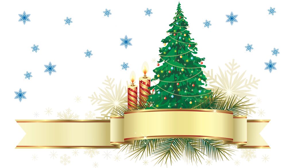 Обои для рабочего стола Новогодняя елка с синими снежинками на белом фоне, со свечами и золотой лентой