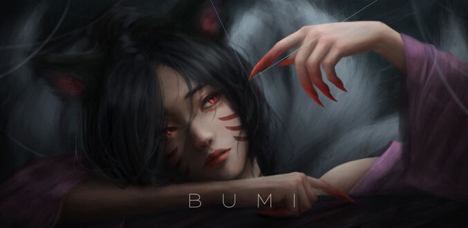 Обои на рабочий стол Ahri / Ари с окровавленными когтями, персонаж из игры League of Legends / Лига Легенд