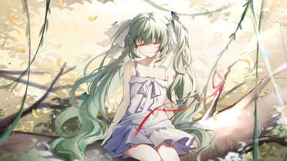 Обои на рабочий стол Vocaloid Hatsune Miku / Вокалоид Хатсунэ Мику закрыв глаза, сидит на ветви дерева