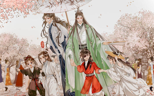 Обои на рабочий стол Чэн Хуа / Cheng Hua и Лянь Се / Lian Xie из аниме и манги Благословение небожителей / Tian Guan Ci Fu, Ванцзи Лань / Wangji Lan и Усянь Вэй / Wuxian Wei из аниме Магистр дьявольского культа / Mo Dao Zu Shi, Бинхэ Ло / Binghe Luo и Цинцю Шэнь / Qingqiu Shen из аниме Система «спаси-себя-сам» для главного злодея / Chuan Shu Zijiu Zhinan