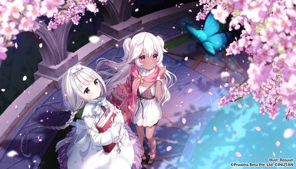 Обои на рабочий стол Две девочки смотрят на бабочку порхающую возле цветков сакуры