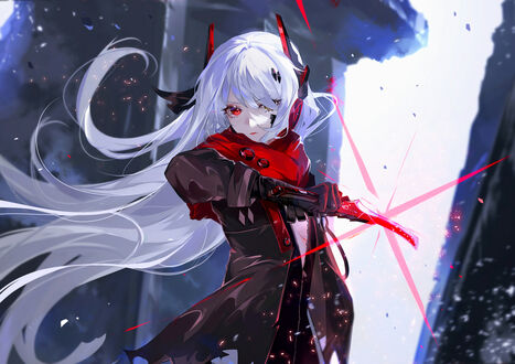 Обои на рабочий стол Alpha / альфа из игры Punishing: Gray Raven с красным оружием в руках