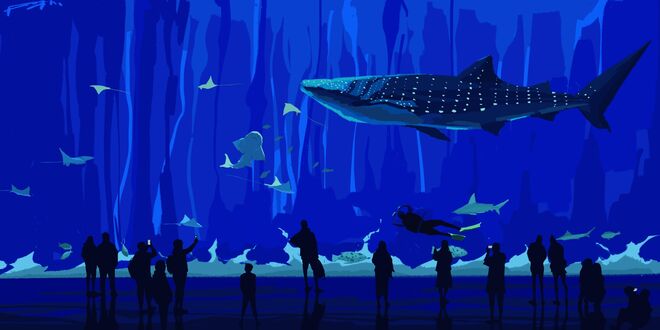 Обои на рабочий стол Люди в океанариуме смотрят на морских обитателей