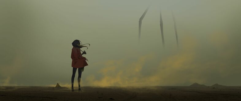 Обои Девушка с автоматом вглядывается в туман из которого виднеются очертания некого трехногого существа