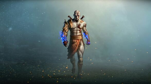 Обои на рабочий стол Kratos / Кратос из игры God of War / Бог войны идет в дыу и искрах на сером фоне