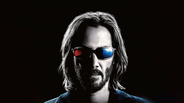 Обои на рабочий стол Постер к фильму Матрица: Воскрешение / The Matrix Resurrections - Keanu Reeves / Киану Ривз в разноцветных очках на черном фоне