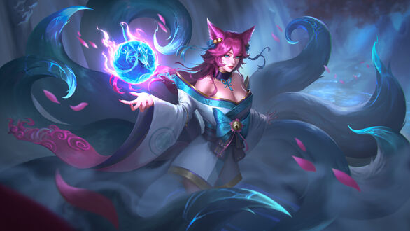 Обои на рабочий стол Ahri / Ари с магическим шаром над ладонью, персонаж из игры League of Legends / Лига Легенд