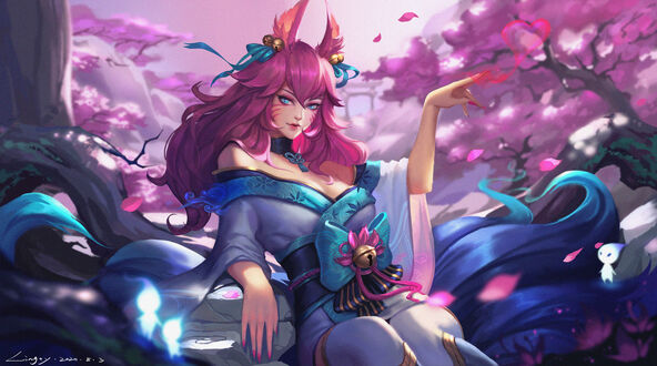 Обои на рабочий стол Ahri / Ари сидит облокотившись на камень, персонаж из игры League of Legends / Лига Легенд