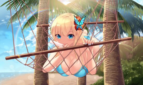 Обои на рабочий стол Sena Kashiwazaki / Сэна Касивадзаки из аниме Boku wa Tomodachi ga Sukunai / У меня мало друзей, лежит в гамаке на пляже с мороженым