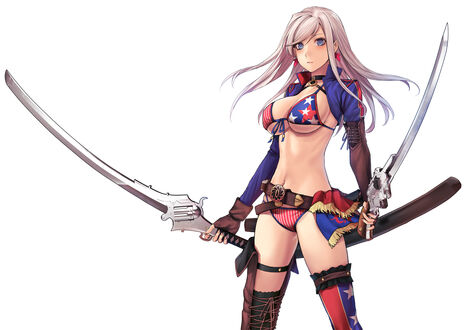 Обои на рабочий стол Miyamoto Musashi / Миямото Мусаси в бикини, с мечами в руках, персонаж из аниме и игры Судьба / Великий приказ / Fate / Grand Order: First Order на белом фоне