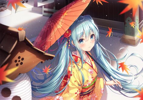 Обои на рабочий стол Vocaloid Hatsune Miku / Вокалоид Хатсунэ Мику одетая в кимоно и с зонтом в руке, Kyoto Nippon Festival