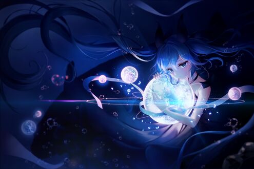 Обои на рабочий стол Vocaloid Hatsune Miku / Вокалоид Хатсунэ Мику обнимает светящуюся сферу