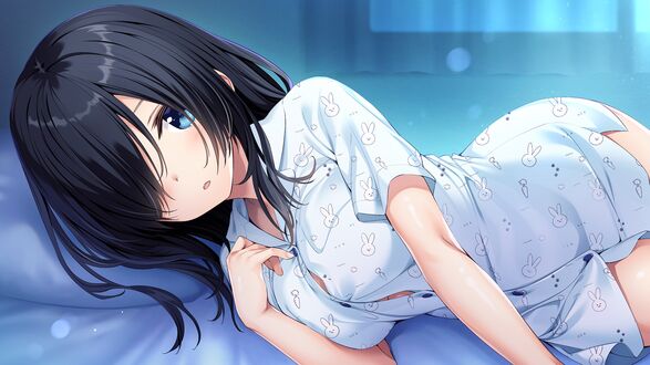 Обои на рабочий стол Misora Saku в пижаме, лежит на кровати, персонаж из игры Aibeya 2 / Общая комната 2