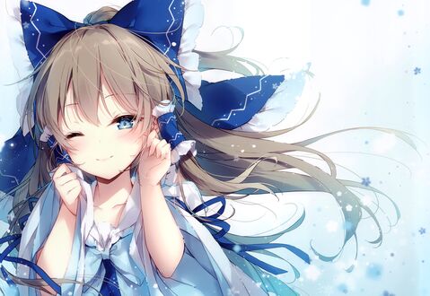Обои на рабочий стол Hakurei Reimu / Рейму Хакурей с синим бантом в волосах, персонаж из серии компьютерных игр Touhou Project / Проект «Восток»