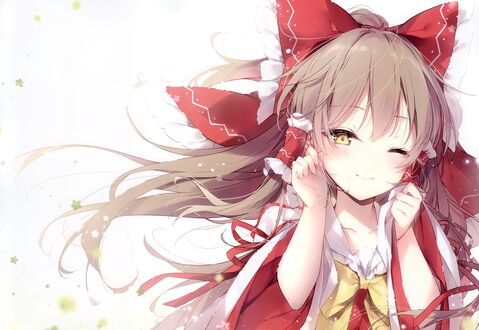 Обои на рабочий стол Hakurei Reimu / Рейму Хакурей с красным бантом в волосах, персонаж из серии компьютерных игр Touhou Project / Проект «Восток»