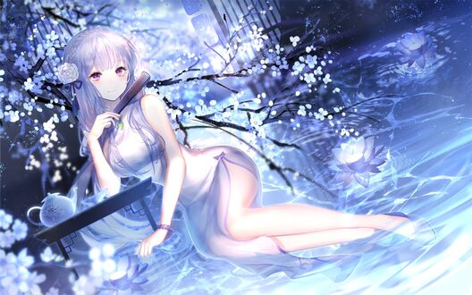 Обои на рабочий стол Emilia / Емилия в белом платье, персонаж из аниме Re: Zero kara Hajimeru Isekai Seikatsu / Re: Жизнь с нуля в параллельном мире