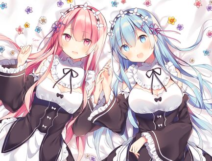 Обои на рабочий стол Ram / Рам и Rem / Рем лежат рядом, персонажи из аниме Re: Zero Kara Hajimeru Isekai Seikatsu / Re: Жизнь с нуля в параллельном мире