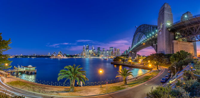 Обои на рабочий стол Вечерняя панорама на Harbour Bridge в Сиднее, Австралия / Sydney, Australia